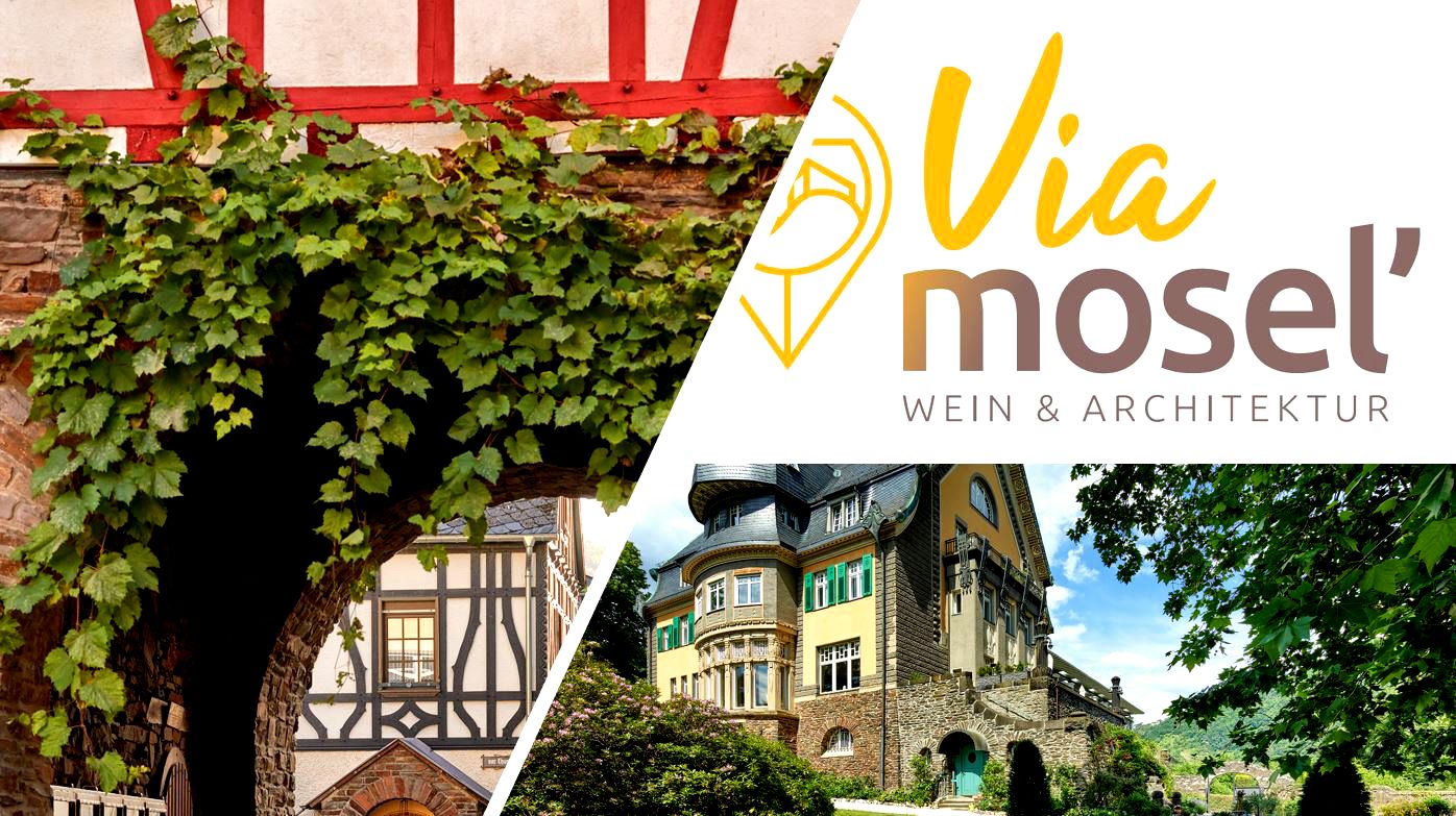 Via` mosel © Christopher Arnoldi, Terroir Moselle Collage mit dem Logo der via` mosel und auf zwei Weingüter.