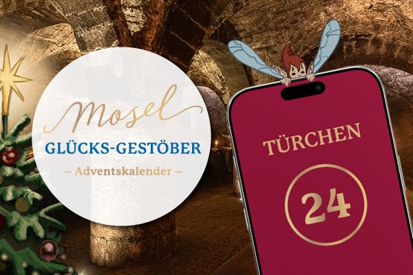 Logo und Türchen Mosel-Adventskalender 2025 © MLT GmbH Links: Logo des Mosel-Adventskalender; Rechts: Handy mit dem Türchen 24 des Adventskalenders, an dem Handy hält sich eine kleine Elfe fest und schaut darüber