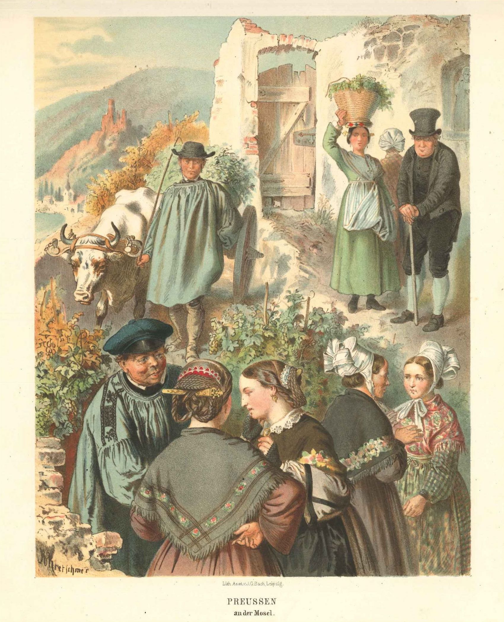 Moseltrachten, Preußen an der Mosel © Original-Chrom-Farblithografie von Albert Kretschmer Darstellung „Preussen an der Mosel“ – Moseltrachten, eine Original-Chrom-Farblithografie von Albert Kretschmer, um 1870.