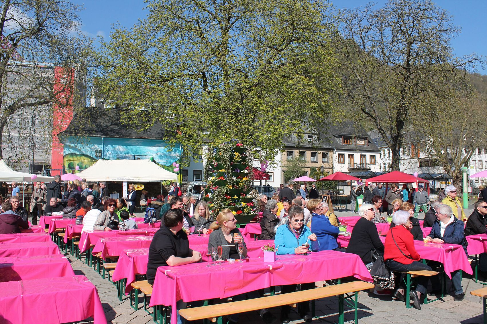 Blütenmarkt des Moselweinbergpfirsich © Tourist-Information Ferienland Cochem Ein Platz voller Bänke und Tische mit pinken Tischdecken. Vereinzelt sitzen Menschen auf den Bänken. Im Hintergrund Pavillons und Bäume.