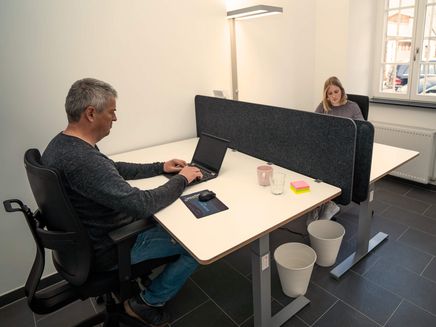 Teambüro © Alexander Plattner, MoselWerk Coworking Zwei Personen sitzen sich an Schreibtischen gegenüber