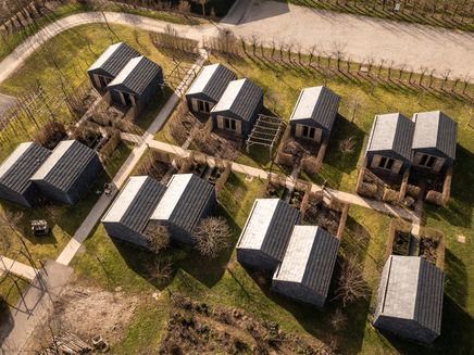 Gästehäuschen des WeinKulturgut Longen-Schlöder von oben © Mosellandtouristik GmbH / Dominik Ketz Vogelperspektive auf kleine Ferienanlage mit Gästehäusern